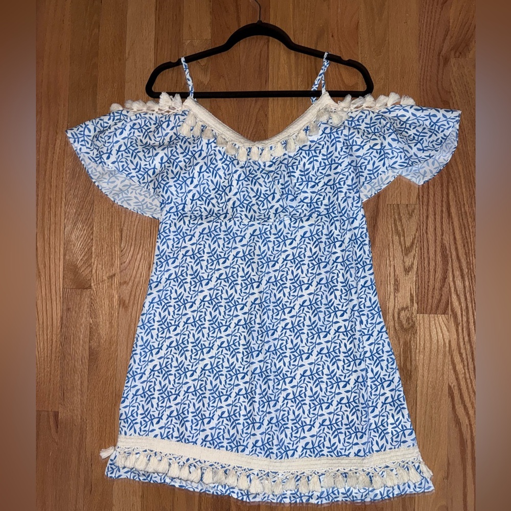 Blue and White Off-Shoulder Dress with Tassels- small